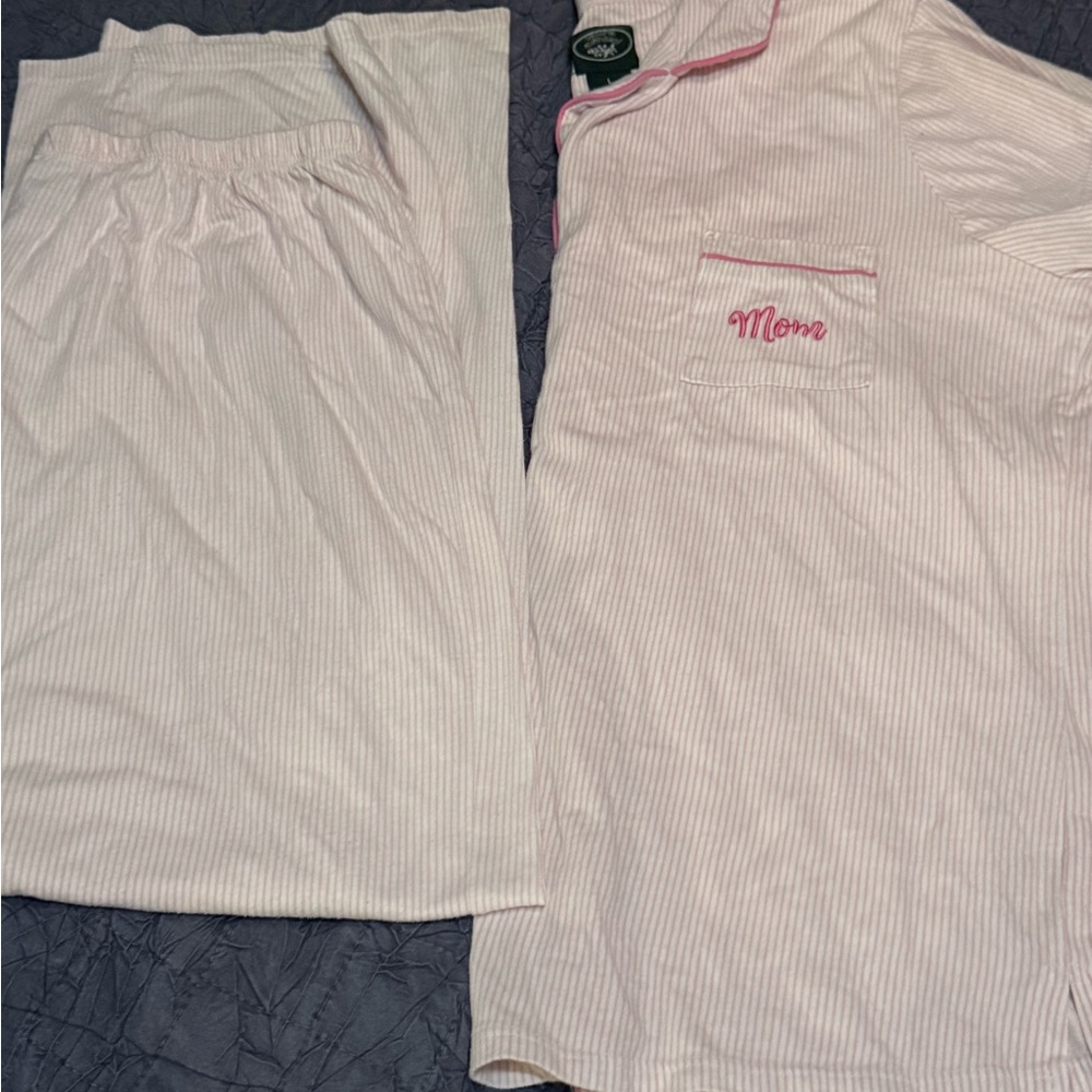 Vintage Laura Ashley Pink Stripe Pajama Set Sz L Cotton Blend “Mom” Embroidery - Picture 2 of 7